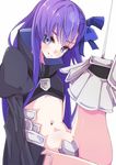  blue_eyes blue_ribbon crotch_plate enelis fate/extra fate/extra_ccc fate_(series) hair_ribbon long_hair long_sleeves meltlilith purple_hair ribbon smile solo very_long_hair 