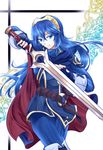  blue_eyes blue_hair cape falchion_(fire_emblem) fingerless_gloves fire_emblem fire_emblem:_kakusei gloves highres kaidou_mitsuki long_hair lucina smile solo sword tiara weapon 