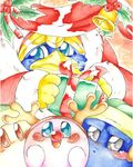  ambiguous_gender avian bell bird blue_eyes blue_feathers blue_skin blush brown_eyes brown_skin candy candy_cane christmas fake_antlers feathers food frown gift grey_eyes holidays holly_(plant) king_dedede kirby kirby_(series) male meta_knight nintendo open_mouth open_smile penguin pink_skin plant red_nose rosy_cheeks rudolf smile snow_hat star_eyes theakanemnon video_games waddle_dee 