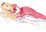  arm_up bed_sheet blonde_hair blush bow bowtie brooch brown_eyes closed_mouth collarbone commentary_request dress drill_hair eromanga_sensei frilled_dress frills full_body gem hair_bow hairband highres jewelry layered_sleeves lolita_fashion long_hair long_sleeves looking_at_viewer lying no_shoes on_side pantyhose pink_dress puffy_short_sleeves puffy_sleeves red_bow red_hairband red_neckwear sapphire_(stone) short_over_long_sleeves short_sleeves simple_background smile solo tareme very_long_hair wavy_hair white_background white_legwear wujia_xiaozi yamada_elf 