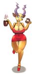  2017 antelope anthro antlers beverage breasts cleavage clothed clothing don_ko doughnut female food gazelle holding_food holding_object horn looking_at_viewer mammal nipple_bulge on_one_leg open_mouth open_smile pear_(don_ko) simple_background smile solo standing white_background 