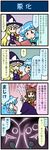  4koma :&lt; apron artist_self-insert ascot blonde_hair blue_eyes blue_hair blush book bow braid brown_eyes brown_hair closed_eyes comic commentary detached_sleeves emphasis_lines ghost gradient gradient_background hair_bow hair_tubes hakurei_reimu hat heterochromia highres holding holding_book holding_microphone index_finger_raised juliet_sleeves kirisame_marisa long_hair long_sleeves md5_mismatch microphone mizuki_hitoshi multiple_girls nontraditional_miko o_o open_mouth puffy_sleeves reading real_life_insert red_eyes short_hair short_sleeves single_braid smile surprised sweat sweatdrop tatara_kogasa touhou translated vest wide_sleeves witch_hat 