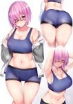  1girl absurdres armpits arms_behind_head arms_up ass bangs bare_shoulders bike_shorts blue_bra blue_gk blue_shorts blush bra breasts cleavage fate/grand_order fate_(series) glasses grey_jacket hair_over_one_eye highres hips hood hoodie jacket large_breasts lavender_hair looking_at_viewer mash_kyrielight navel open_clothes open_jacket parted_lips purple_eyes short_hair shorts simple_background sports_bra sweat thighs towel underwear white_background 