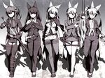  animal_ears asaza_(yuku) belt black_gloves black_hair blue_eyes borrowed_character claw_(weapon) closed_mouth commentary_request crossover eyepatch formal fox_ears fox_tail garter_straps gloves gun heterochromia kageshio_(276006) kirika_(sorono) kunai long_hair looking_at_viewer monochrome multiple_girls navel necktie original pant_suit pantyhose parted_lips pencil_skirt ponytail red_eyes rinka_(ruuku) sekka_(kageshio) shadow sheath skirt skirt_suit smile spot_color standing suit sword tail thigh_strap thighband_pantyhose tsutsuji_(ikameshi) twintails uniform weapon yellow_eyes 
