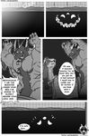  bed bedding black_and_white blanket boxers_(clothing) clothed clothing comic deadanthro dialogue duo english_text erection male mammal monochrome monster text topless underwear 