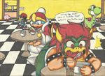  armlet avian baseball_cap beige_skin bird blue_body blue_eyes bowl bowser bracelet broken-hedgehog cafeteria clothing curved_horn earthbound_(series) english_text green_body green_eyes hair hat horn human jewelry king_dedede kirby kirby_(series) koopa mammal mario_bros ness nintendo penguin pink_skin red_eyes red_hair scalie shell shorts sneakers soup speech_bubble spoon striped_shirt text tumbler video_games waddling_head yoshi yoshi_(character) 