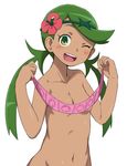  ;d arms_up bangs blush breasts bubukka collared_shirt condom condom_packet_strip condom_wrapper covering covering_breasts dark_skin flower green_eyes green_hair groin hair_flower hair_ornament happy holding holding_condom long_hair mao_(pokemon) navel nude one_eye_closed open_mouth pokemon pokemon_(game) pokemon_sm shirt simple_background small_breasts smile solo stomach swept_bangs trial_captain twintails white_background 