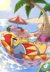  avian bald beach beige_skin bird blonde_hair blue_fur book cappy_(kirby) closed_smile cooler escargoon eyes_close eyewear fur gastropod green_hair hair half-closed_eyes halgalaz inner_tube king_dedede kirby kirby_(series) magolor marine nintendo palm_tree parasol penguin pink_skin purple_skin reading sand_castle sculpture sea seashell seaside sleeping snail star starfish sun sunglasses tiff_(kirby) tree video_games waddling_head water 