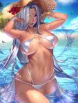  aa_megami-sama armlet armpits arms_up artist_name bangle bangs beach bikini bracelet breasts curvy dark_skin day facial_mark forehead_mark gtunver hat highres jewelry large_breasts lips long_hair looking_at_viewer md5_mismatch multi-strapped_bikini naughty_face navel outdoors parted_bangs purple_eyes shiny shiny_skin signature silver_hair smile solo strap_gap straw_hat string_bikini sun_hat swimsuit urd very_long_hair wading white_bikini wide_hips 