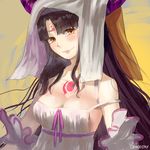  1girl bare_shoulders black_hair breasts dress fate/extra_ccc fate_(series) horns long_hair sesshouin_kiara smile tattoo yellow_eyes 