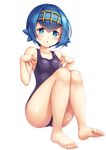  :o bare_arms bare_legs barefoot blue_eyes blue_hair blush collarbone eyebrows_visible_through_hair feet full_body hair_between_eyes hairband highres looking_at_viewer one-piece_swimsuit pokemon pokemon_(game) pokemon_sm school_swimsuit short_hair simple_background sitting snowcanvas solo suiren_(pokemon) swimsuit toes trial_captain white_background 