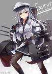  black_gloves black_legwear black_skirt character_name gangut_(kantai_collection) gloves grey_background hat highres jacket kantai_collection long_hair long_sleeves machinery md5_mismatch miniskirt omoomomo pantyhose peaked_cap pipe pleated_skirt red_eyes silver_hair skirt smile solo white_jacket 