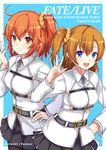  ahoge artist_name blue_eyes breasts chaldea_uniform copyright_name cosplay english fate/grand_order fate_(series) fujimaru_ritsuka_(female) fujimaru_ritsuka_(female)_(cosplay) hair_ornament hair_scrunchie hand_on_hip kelinch1 kousaka_honoka long_sleeves look-alike love_live! love_live!_school_idol_project matching_outfit medium_breasts multiple_girls one_side_up orange_hair orange_scrunchie pantyhose round_teeth scrunchie short_hair teeth uniform yellow_eyes 