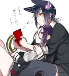  chin_on_head chin_rest closed_mouth commentary_request eighth_note eyepatch halo_removed handheld_game_console headgear holding_handheld_game_console kantai_collection leaning_on_person mechanical_halo multiple_girls musical_note nintendo_ds playing_games purple_eyes purple_hair school_uniform short_hair shuu-0208 sitting tatsuta_(kantai_collection) tenryuu_(kantai_collection) thighhighs translated yellow_eyes 