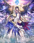  black_hair blue_eyes boots cardfight!!_vanguard cloud company_name excellence_celestial_yophiel feathered_wings gem knee_boots long_hair low_twintails multicolored_hair necktie official_art polearm solo sparkle spear thighhighs twintails two-tone_hair weapon white_footwear white_hair wings yamada_rokkaku 