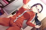  black_hair breast_suppress breasts commentary_request covered_nipples cowboy_shot demi-chan_wa_kataritai dutch_angle glasses large_breasts looking_at_viewer ponytail purple_eyes red-framed_eyewear rixch satou_sakie semi-rimless_eyewear solo track_suit 