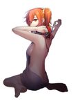  alternate_costume ass barefoot breasts fate/grand_order fate_(series) from_behind fujimaru_ritsuka_(female) full_body grey_sweater hair_between_eyes hair_ornament hair_scrunchie large_breasts long_hair looking_at_viewer looking_back meme_attire monggu naked_sweater one_side_up orange_hair orange_scrunchie red_eyes scrunchie sideboob simple_background sitting solo sweater virgin_killer_sweater white_background 