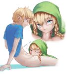  1boy 1girl blonde_hair blue_eyes bottomless eyebrows_visible_through_hair fellatio hood link linkle looking_at_viewer nintendo otonaru penis pointy_ears pov the_legend_of_zelda twin_braids uncensored 