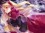  blonde_hair blush cape earrings ereshkigal_(fate/grand_order) fate/grand_order fate_(series) hair_ribbon jewelry long_hair looking_at_viewer petals red_cape red_eyes red_ribbon ribbon skull solo tiara twintails yuzuki_karu 