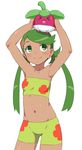  &gt;o&lt; 1koma armpits arms_up bandeau bangs bare_shoulders bikini blush bounsweet breasts bubukka closed_eyes closed_mouth comic dark_skin floral_print gen_1_pokemon gen_7_pokemon green_bikini green_eyes green_hair hair_ornament happy holding holding_pokemon mao_(pokemon) midriff navel on_head open_mouth pokemon pokemon_(anime) pokemon_(creature) pokemon_on_head pokemon_sm_(anime) simple_background small_breasts smile staryu stomach strapless swept_bangs swimsuit thighs trial_captain twintails white_background 