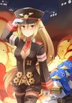  &gt;:( &gt;_&lt; black_legwear black_shorts blonde_hair blush breasts brown_eyes clenched_hand closed_eyes closed_mouth disgaea epaulettes eyebrows_visible_through_hair frown gears gloves hair_between_eyes hand_on_headwear hat long_hair long_sleeves looking_at_viewer machikado makai_senki_disgaea_3 medal medium_breasts necktie peaked_cap prinny red_neckwear salute salvatore_(disgaea) short_necktie shorts sweat thighhighs v-shaped_eyebrows very_long_hair wavy_mouth white_gloves 