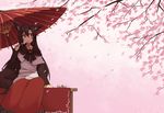  animal_ears blouse brooch brown_eyes brown_hair cherry_blossoms commentary_request eating hanami highres imaizumi_kagerou jewelry kaginoni long_hair long_skirt long_sleeves oriental_umbrella petals red_skirt short_over_long_sleeves short_sleeves skirt solo tail touhou umbrella very_long_hair white_blouse wolf_ears wolf_tail 