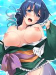  areolae bare_shoulders blue_eyes blue_hair blush breasts head_fins hemogurobin_a1c japanese_clothes kimono large_areolae large_breasts long_sleeves looking_at_viewer mermaid monster_girl nipples obi open_mouth partially_submerged sash smile solo sparkle tareme touhou upper_body wakasagihime water wet wide_sleeves 