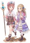  :d atelier_(series) atelier_rorona bangs belt black_footwear blonde_hair blue_bow blue_eyes blush boots bow brown_footwear brown_hair brown_skirt coat cuderia_von_feuerbach dress eyebrows_visible_through_hair gem hair_bow hat high-waist_skirt highres holding holding_hands holding_staff jewelry leg_up long_hair looking_at_another machikado multiple_girls open_clothes open_coat open_mouth pantyhose parted_bangs pendant rororina_fryxell skirt smile staff two_side_up walking white_background white_dress white_legwear 