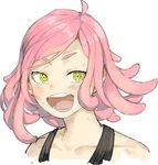  :d bare_shoulders blush blush_stickers boku_no_hero_academia chloe_(desuzee) collarbone commentary crosshair_pupils english_commentary face hatsume_mei medium_hair open_mouth pink_eyes pink_hair simple_background smile solo tank_top teeth upper_body white_background yellow_eyes 