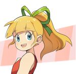  :d bangs bare_shoulders blonde_hair blue_eyes blunt_bangs breasts commentary dress eyebrows_visible_through_hair from_side green_ribbon hair_ribbon long_hair looking_at_viewer multicolored multicolored_background numbers_(boars) open_mouth ponytail red_dress ribbon rockman rockman_(classic) roll sidelocks sleeveless sleeveless_dress small_breasts smile solo striped teeth turning_head upper_body vertical_stripes 