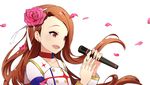  brown_eyes brown_hair choker collarbone commentary_request earrings flat_chest floating_hair flower hair_flower hair_ornament hairband highres holding holding_microphone idolmaster idolmaster_(classic) jewelry long_hair long_sleeves looking_to_the_side microphone minase_iori music open_mouth petals ram_(ramlabo) rose shirt simple_background singing smile solo starpiece_memories upper_body white_background white_hairband white_shirt 