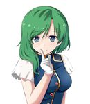  asymmetrical_hair blue_eyes epaulettes finger_to_mouth gloves green_hair light_smile looking_at_viewer mono_(mono60) no_hat no_headwear shiki_eiki short_sleeves simple_background solo touhou upper_body vest white_background white_gloves 