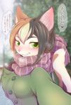  1girl black_hair blonde_hair brown_hair cat furry green_eyes japanese_text multicolored_hair negoya scarf smile solo translation_request winter_clothes 