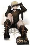  belt black_footwear blindfold blindfold_lift blonde_hair blue_eyes boots choker commentary_request curly_hair feet full_body gloves leather looking_at_viewer male_focus nier_(series) nier_automata nozaki_tsubata pov_feet simple_background sitting smile socks solo 