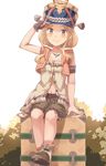  &gt;:) :d armband atelier_(series) atelier_escha_&amp;_logy blonde_hair blush boots brown_eyes brown_footwear brown_gloves brown_shorts collarbone fingerless_gloves gloves hand_on_headwear hat highres jewelry katla_larchica looking_at_viewer machikado md5_mismatch necklace open_mouth orange_legwear shako_cap shirt short_hair_with_long_locks shorts single_glove sitting sleeveless sleeveless_shirt smile socks solo suitcase v-shaped_eyebrows white_background white_shirt 