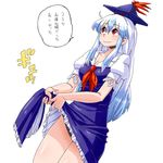  aono3 black_panties blue_dress blue_hair breasts check_translation cleavage dress dutch_angle eyebrows_visible_through_hair hat highres kamishirasawa_keine long_hair looking_up medium_breasts panties puffy_sleeves red_eyes short_sleeves simple_background smile solo touhou translation_request underwear upskirt white_background wringing_clothes wringing_dress 