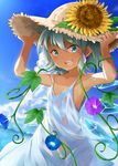  :d blue_eyes blue_hair blue_sky bobu_(bovyo222) cirno cloud commentary_request day dress flower hands_on_headwear highres ice ice_wings open_mouth plant short_hair sky smile solo sundress sunflower tan tanned_cirno touhou vines wings 