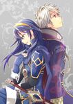  1girl blue_eyes blue_hair cape falchion_(fire_emblem) fingerless_gloves fire_emblem fire_emblem:_kakusei gloves hood long_hair lucina male_my_unit_(fire_emblem:_kakusei) my_unit_(fire_emblem:_kakusei) rio_(cronoz) robe short_hair shoulder_pads smile sword tiara weapon white_hair 