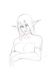  armlet big_breasts blush breasts ear_piercing elf female front_view holding_breast humanoid hybrid long_ears looking_away monochrome not_furry orc piercing siv_(urw) sketch solo tusks urw water wet 