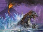  bob_eggleton dinosaur electricity energy fire giant_monster glowing godzilla godzilla_(series) kaijuu lightning monster mutant ocean purple_sky sea smoke toho_(film_company) volcano water 