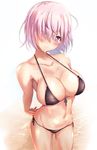  :&gt; arms_behind_back bad_perspective bikini black_bikini blush breasts cleavage collarbone eyebrows_visible_through_hair eyes_visible_through_hair fate/grand_order fate_(series) foreshortening front-tie_bikini front-tie_top large_breasts mash_kyrielight navel own_hands_together pink_hair purple_eyes short_hair side-tie_bikini simple_background smile solo string_bikini swimsuit untsue wet 