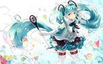  aqua_eyes aqua_hair boots bow commentary_request dress gloves hatsune_miku headphones highres k.syo.e+ long_hair looking_at_viewer magical_mirai_(vocaloid) microphone necktie revision solo thighhighs twintails very_long_hair vocaloid white_gloves 