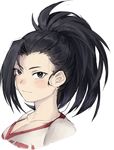  bare_shoulders black_hair blush boku_no_hero_academia breasts brown_eyes chloe_(desuzee) cleavage closed_mouth collarbone commentary english_commentary face highres long_hair medium_breasts shirt short_sleeves simple_background smile solo t-shirt upper_body white_background yaoyorozu_momo 