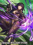  bodysuit book bracelet breasts cape cleavage company_name copyright fire_emblem fire_emblem:_kakusei fire_emblem_cipher furikawa_arika jewelry long_hair looking_at_viewer magic medium_breasts official_art purple_eyes purple_hair sandals solo tharja thigh_strap tiara two_side_up 