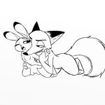  2017 anthro arm_grab black_and_white blush buckteeth canine chest_tuft disney duo female fingering fingering_partner flat_chested fox judy_hopps kneeling lagomorph male male/female mammal monochrome nick_wilde nude one_eye_closed open_mouth rabbit sex simple_background skeletonguys-and-ragdolls sweat sweatdrop teeth tuft vaginal vaginal_fingering white_background zootopia 