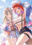  2girls absurdres animal_ears arm_behind_head arm_up armpits atelier_(series) atelier_resleriana atelier_resleriana:_the_red_alchemist_&amp;_the_white_guardian atelier_totori bare_shoulders blue_eyes blue_hat blue_jacket blue_shorts breasts brown_hair commentary_request crop_top detached_collar dress ears_through_headwear gradient_hair hat highres jacket long_sleeves looking_at_viewer medium_breasts medium_hair midriff multicolored_hair multiple_girls navel newsboy_cap official_art open_clothes open_jacket open_mouth purple_hair red_hair rias_eidreise satoupote second-party_source shirt short_shorts shorts sleeveless sleeveless_shirt smile stomach suspenders thigh_strap thighs totooria_helmold white_dress white_hat white_shirt 