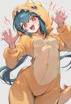  1girl ai-generated animal_costume animal_hood bianca_(black_survival) black_survival breasts claw_pose dinosaur_costume dinosaur_hood dinosaur_tail double-parted_bangs eternal_return:_black_survival fake_tail green_hair highres hood hood_up illustchuki light_blush long_hair long_sleeves medium_breasts open_mouth orange_pajamas pajamas red_eyes simple_background solo star-shaped_pupils star_(symbol) symbol-shaped_pupils tail teeth upper_teeth_only very_long_hair white_background 