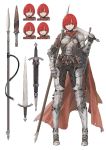  1girl absurdres armor cape character_sheet female full_body hair_ornament hairclip happy highres jun_(seojh1029) open_mouth original polearm red_hair sad short_hair simple_background solo spear sword vambraces weapon white_background 