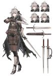  1girl :p absurdres boots character_sheet dual_wielding earrings female full_body grin highres holding jewelry jun_(seojh1029) original silver_hair smile solo sword swordbreaker_dagger tongue tongue_out weapon 