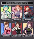  6+girls aqua_hair ascot bare_shoulders black_jacket black_ribbon black_sailor_collar black_shirt black_vest blue_eyes bow braid breasts brown_eyes brown_hair character_name choker closed_mouth commentary copyright_name cropped_jacket crown_braid cup curly_hair ellphii english_commentary english_text frilled_sleeves frills gekkoukan_high_school_uniform grey_background hand_on_own_hip highres holding holding_cup holding_teapot hulkenberg_(metaphor:_refantazio) jacket jacket_on_shoulders jewelry kujikawa_rise long_hair long_sleeves looking_ahead looking_at_viewer medium_breasts metaphor:_refantazio multiple_drawing_challenge multiple_girls neckerchief necklace niijima_makoto okumura_haru parted_lips persona persona_3 persona_4 persona_4:_the_ultimate_in_mayonaka_arena persona_5 pink_lips pink_shirt pointy_ears pouring purple_hair purple_shirt red_bow red_eyes red_hair ribbon sailor_collar school_uniform shirt short_hair sidelocks single_braid six_fanarts_challenge sleeveless sleeveless_shirt small_breasts smile swept_bangs takeba_yukari tea teapot twintails twitter_username vest white_ascot white_choker white_shirt yamagishi_fuuka yasogami_school_uniform yellow_neckerchief 